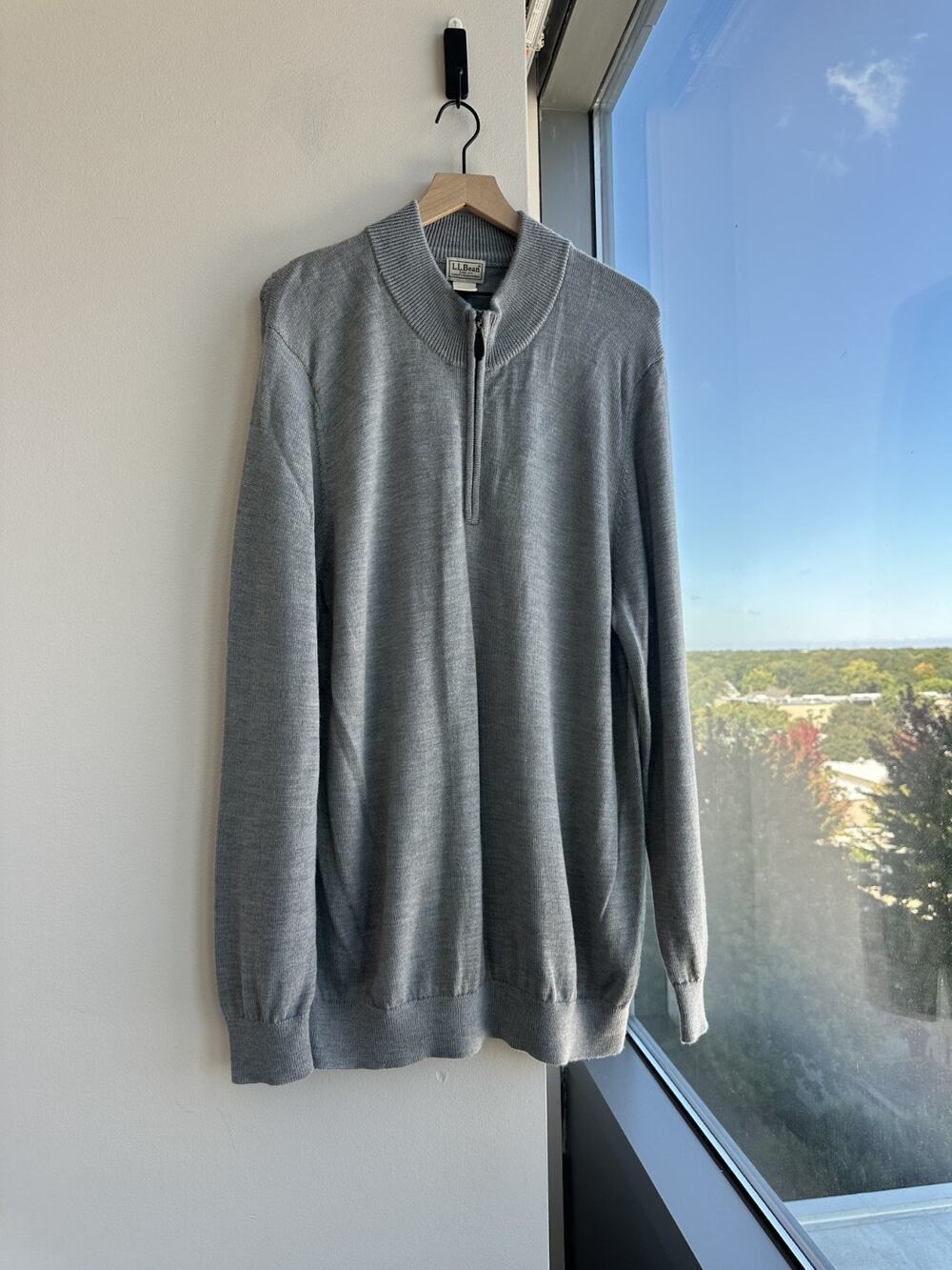 L.L.Bean Sweater Men's Gray 1/4 Zip Mock Neck 100% Merino Wool Knit Pullover XXL